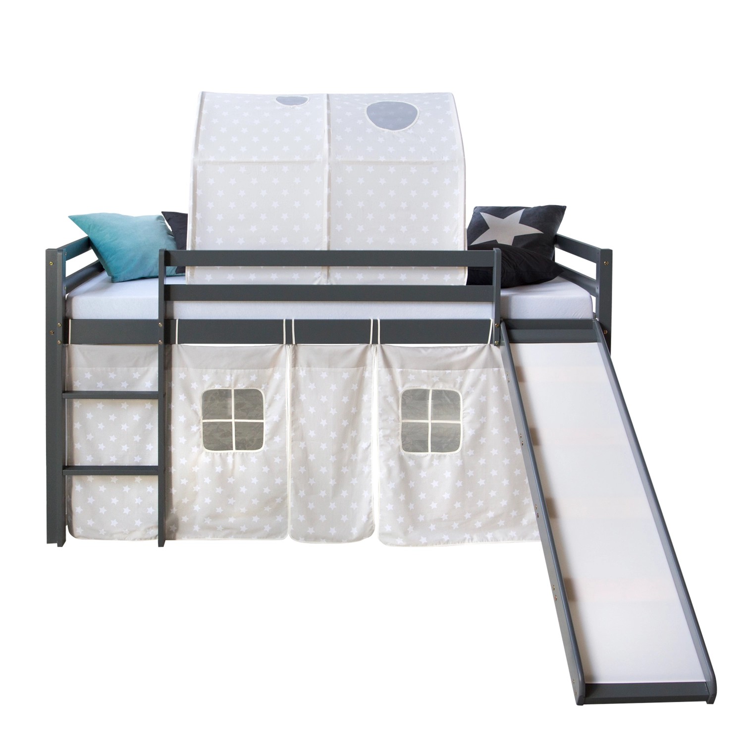 Homestyle4u Hochbett 90x200 mit Vorhang Rutsche und Tunnel in Grau Sterne 1872