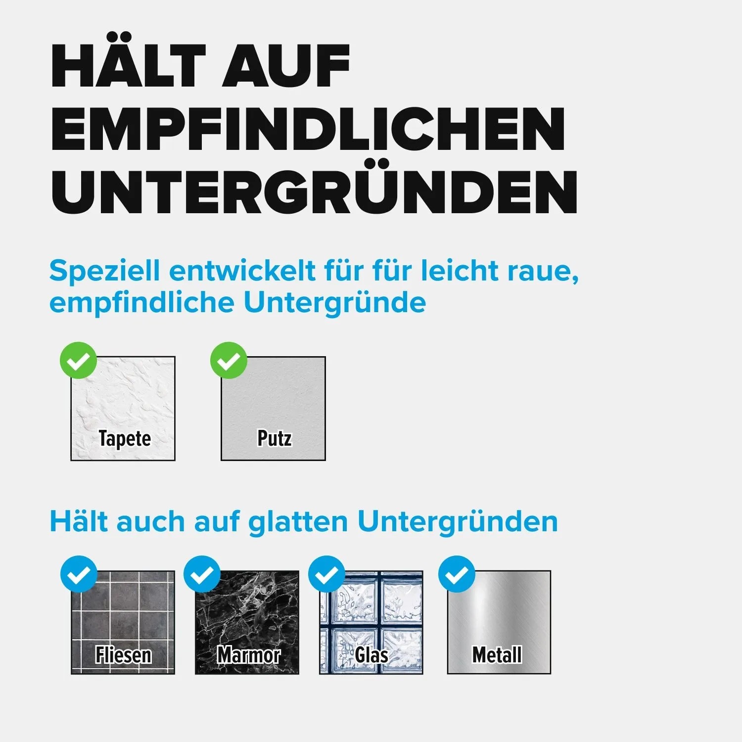 Tesa Klebenagel hält auf Tapeten, Putz, Fliesen, Marmor, Glas und Metall. Ideal für empfindliche und glatte Untergründe.