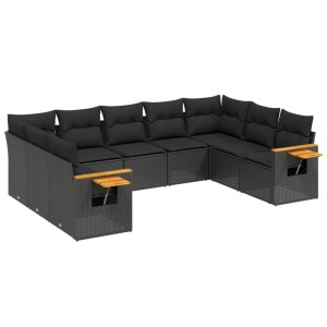 Schwarze 9-tlg. vidaXL Garten-Sofagarnitur aus Poly Rattan mit Kissen.