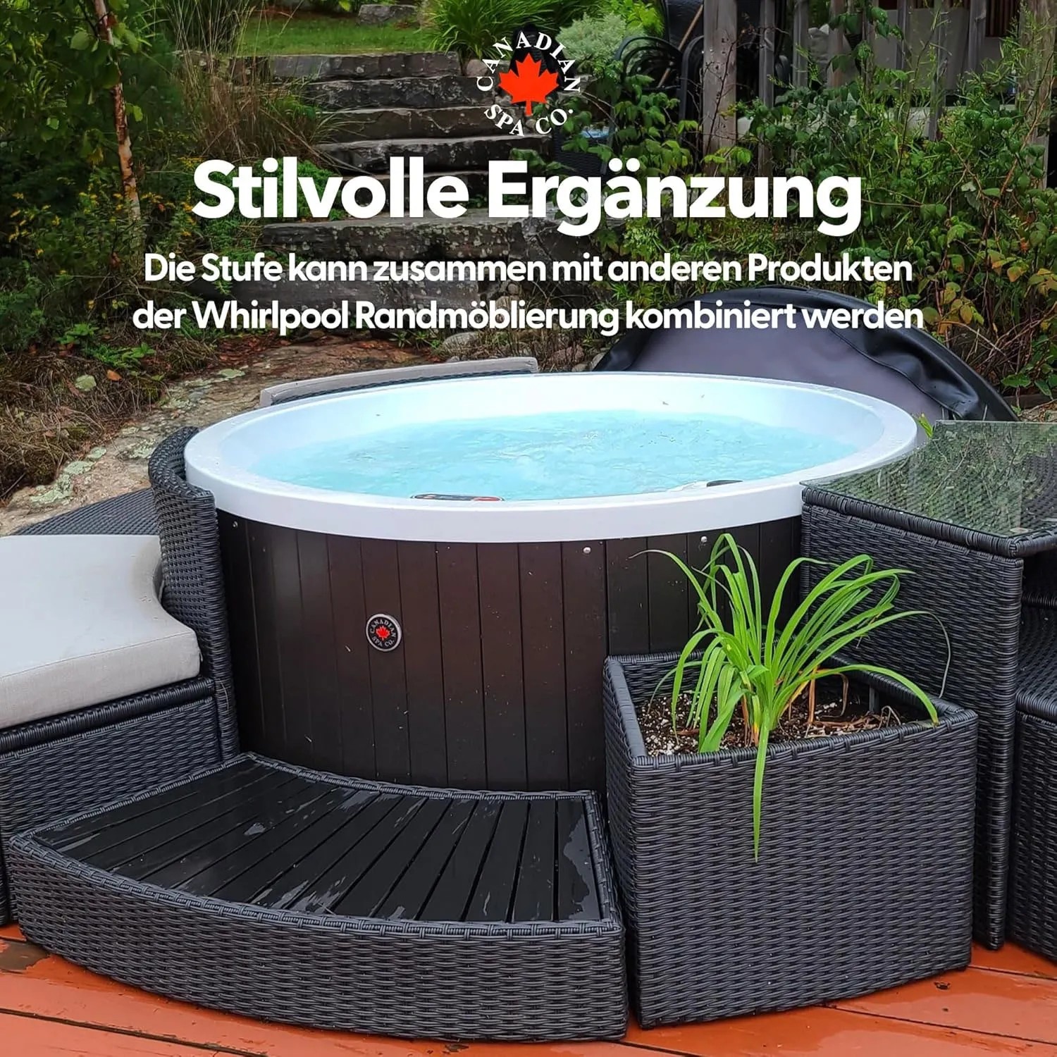 Canadian Spa Stufe in Braun für runde Whirlpools, passend zur Randmöblierung. Praktisches Whirlpool Zubehör.