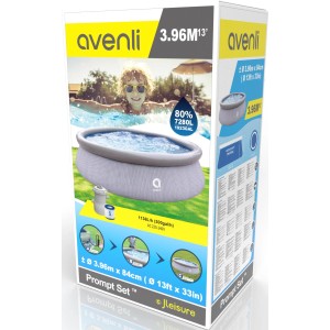 Verpackung Avenli Prompt Set Rundpool, 396x84 cm, Rattan Grau, mit Filterpumpe und Reparaturset.
