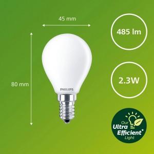 Philips LED-Lampe E14, Tropfenform, 2,3W, 485lm, matt, 8x4,5cm. Energiesparendes Leuchtmittel.