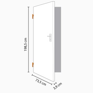 Technische Zeichnung einer weißen Zimmertür (73,5x198,5 cm) mit Linksanschlag und Maßangaben.