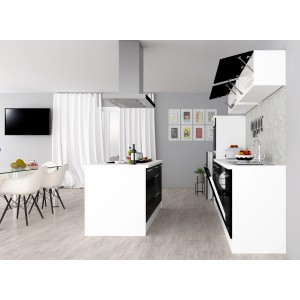 Respekta Premium Inselküche, 280 cm, Schwarz/Weiß Hochglanz, mit E-Geräten.