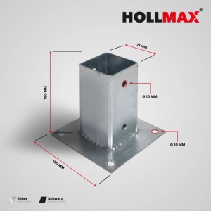 HOLLMAX Pfostenträger 71x71mm, verzinkt, silber. Aufschraubhülse für Vierkantpfosten auf festem Untergrund, mit Maßen.