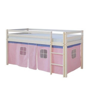 Weißes Homestyle4u Hochbett mit rosa Vorhang, Leiter, Lattenrost und Matratze (90x200).