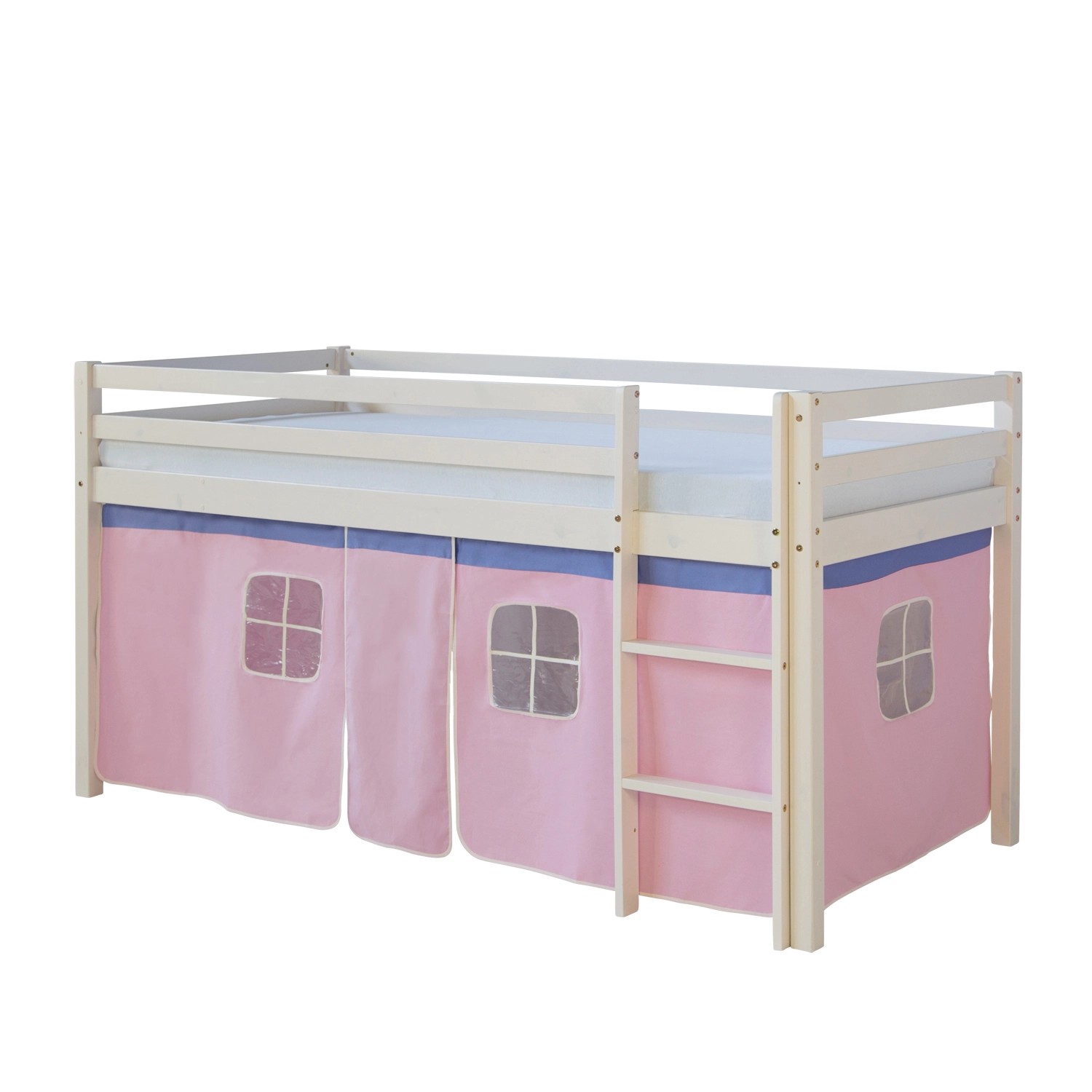 Homestyle4u Hochbett 90x200 mit Vorhang Lattenrost und Matratze in Weiß 2556