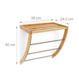 Wandregal aus hellem Bambus mit 3 glänzenden Chrom-Handtuchstangen und Ablage. Vielseitiges Badaccessoire oder Garderobe.
