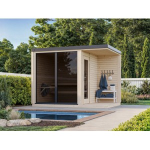 Palmako Sauna Sarah, 322x222 cm, naturbelassen. Saunahaus mit Panoramafenster und kleinem Vorraum.