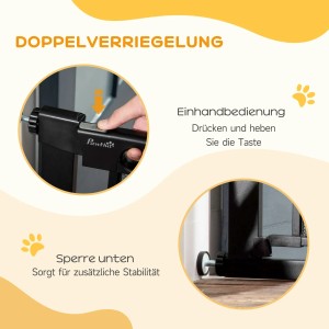 Details des PawHut Türschutzgitters: Doppelverriegelung, Einhandbedienung und Stabilität.