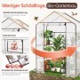 Foliengewächshaus 143x73x195cm mit Pflanzen auf 4 Regalebenen. Insektenschutz, Steildach-Entwässerung, Kantenschutz. Anzuchtgewächshaus.
