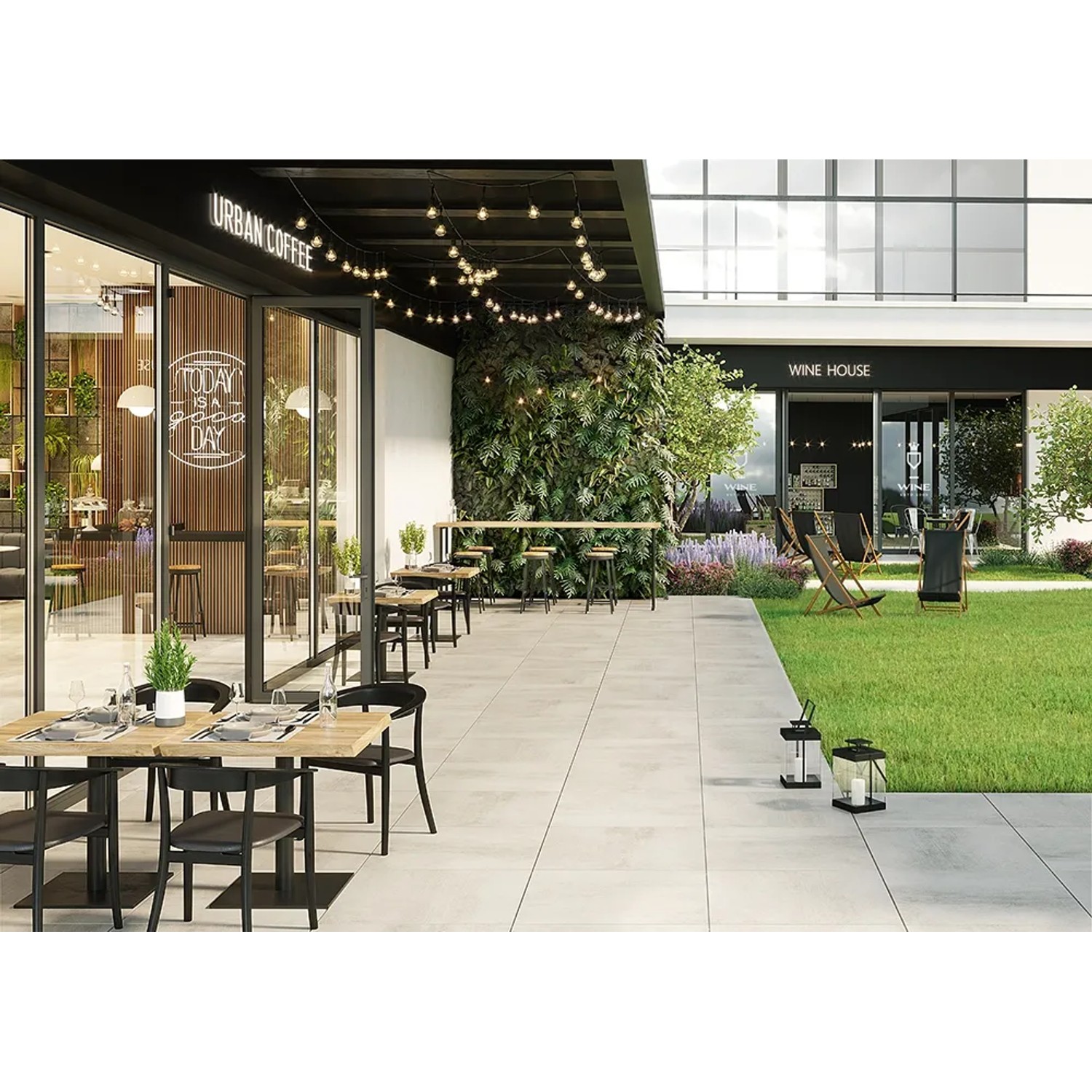 Cersanit Grava Terrassenplatten in Lichtgrau verlegt vor Café und Weinhaus.