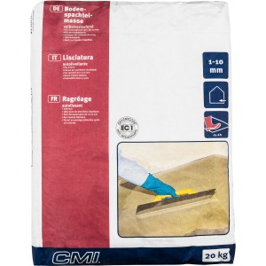 Sack CMI Bodenspachtelmasse, grau, 20 kg, selbstverlaufend, für Innenbereich und Fußbodenheizung geeignet.