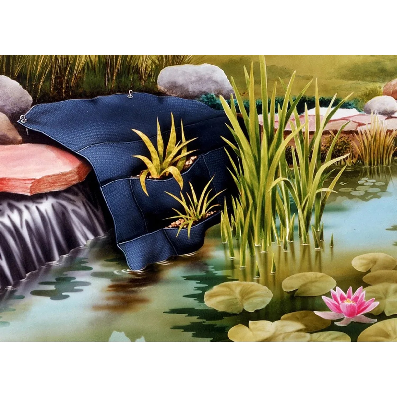 Velda Bewuchsmatte 110x105 cm am Teichrand mit Bepflanzungstaschen und Sumpfpflanzen.