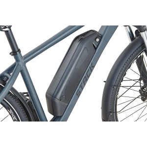 Detailaufnahme: Akku am Prophete E-Bike ATB Stack 2.0 in Schwarz Matt. E-Bike Zubehör.
