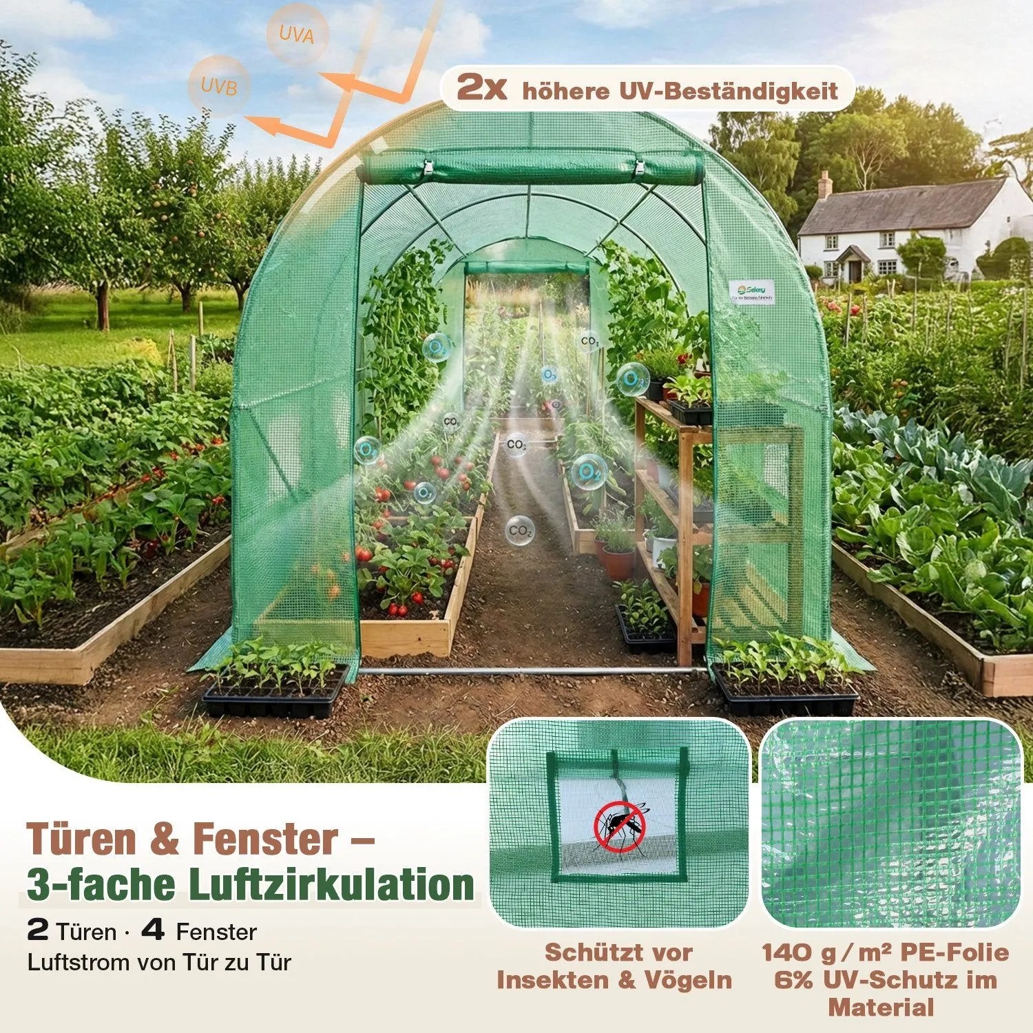 Grünes Foliengewächshaus 3x2m im Garten. UV-Schutz, 2 Türen, 4 Fenster für Belüftung und Insektenschutz. Stahlrahmen, stabil.