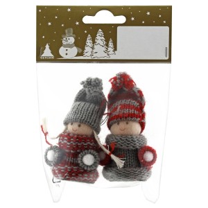 Zwei Strickfiguren als Weihnachtsbaumschmuck im Set, rot-grau.