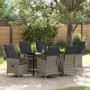 Graue 7-teilige vidaXL Garten Essgruppe aus Polyrattan mit Tisch und Stühlen mit Kissen.
