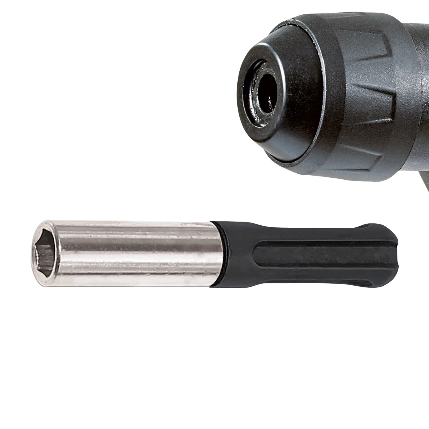 Detailaufnahme: Einhell Akku-Bohrhammer TE-HD 18 Li-Solo mit Bit-Adapter.