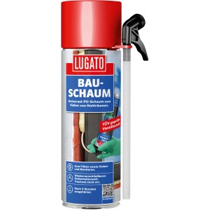 Dose Bauschaum 750ml von Lugato mit roter Kappe und Applikator.