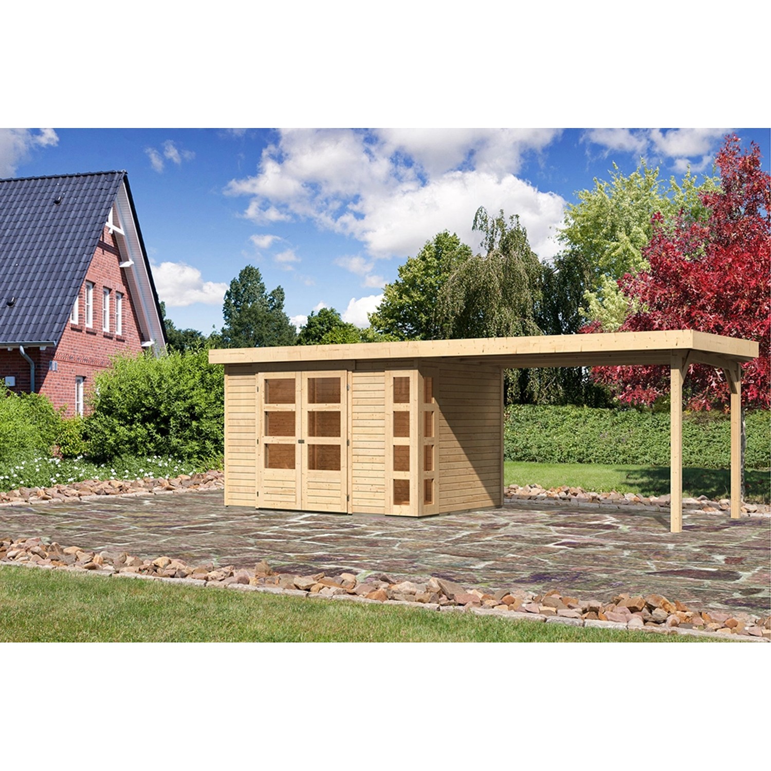 Karibu Holz-Gartenhaus Sölve Natur Flachdach Unbehandelt 298 cm x 213 cm günstig online kaufen