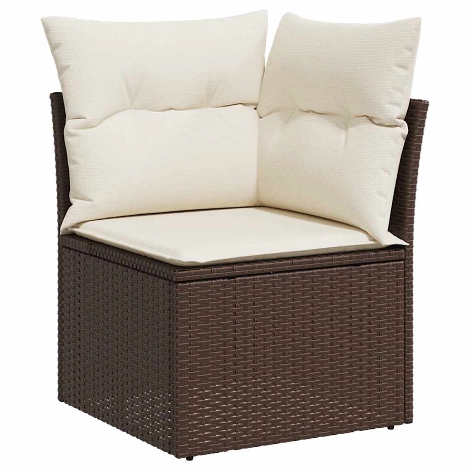 Braunes Poly Rattan Ecksofa mit cremefarbenen Kissen, Teil der 7-tlg. vidaXL Garten-Sofagarnitur.