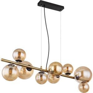 Moderne LED-Pendelleuchte Riha mit neun amberfarbenen Glaskugeln und schwarz-matter Halterung.