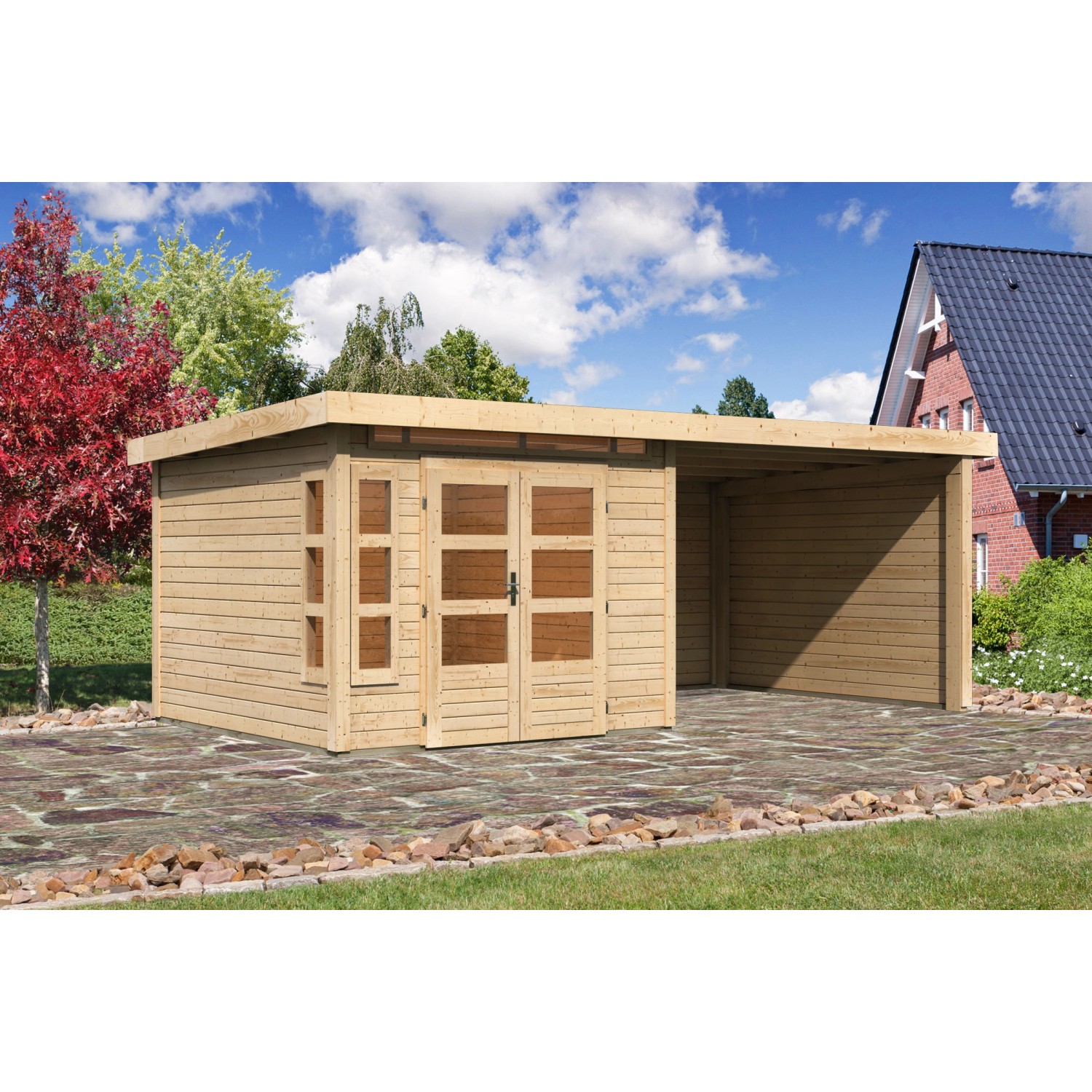 Karibu Holz-Gartenhaus/Gerätehaus Kastberg Naturbelassen Flachdach 270 cm x 270 cm