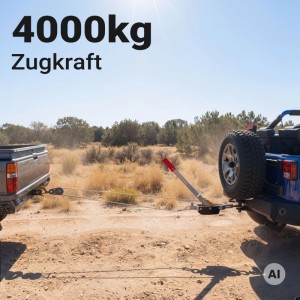 Wiltec Handseilzug mit rotem Griff und verzinktem Drahtseil zieht Pickup-Truck im Gelände. 4000kg Zugkraft.
