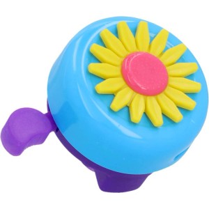 Fischer Fahrradglocke mit blauem Gehäuse und gelb-pinker Blume.