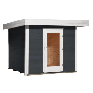 Modernes, anthrazitfarbenes Weka Designhaus mit Flachdach und Panorama-Einzeltür.
