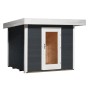 Modernes, anthrazitfarbenes Weka Designhaus mit Flachdach und Panorama-Einzeltür.