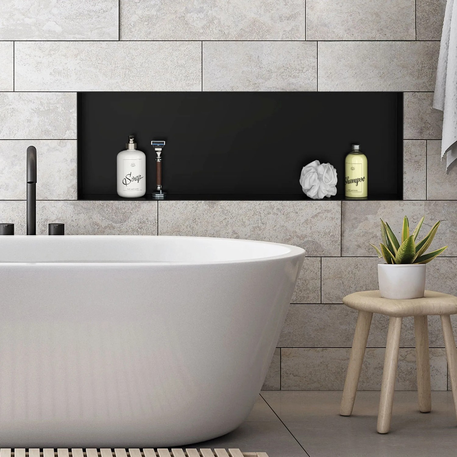 Schwarze LuxeBath Wandnische 90x30x10 cm aus Edelstahl als Duschregal im Badezimmer.
