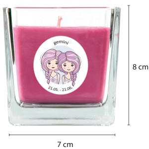 Duftkerze im Glas mit Sternzeichen Zwillinge Motiv, Lavendelduft für entspannte Atmosphäre.