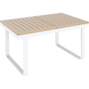 Ausziehbarer Esstisch Butterfield, Teil der 7-teiligen Essgruppe, mit Holzoptik und weißem Aluminiumgestell.