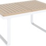 Ausziehbarer Esstisch Butterfield, Teil der 7-teiligen Essgruppe, mit Holzoptik und weißem Aluminiumgestell.