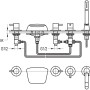 Skizze der Wasserschwallarmatur L10000 zur Wannenrandmontage mit Brause und Anschlüssen.