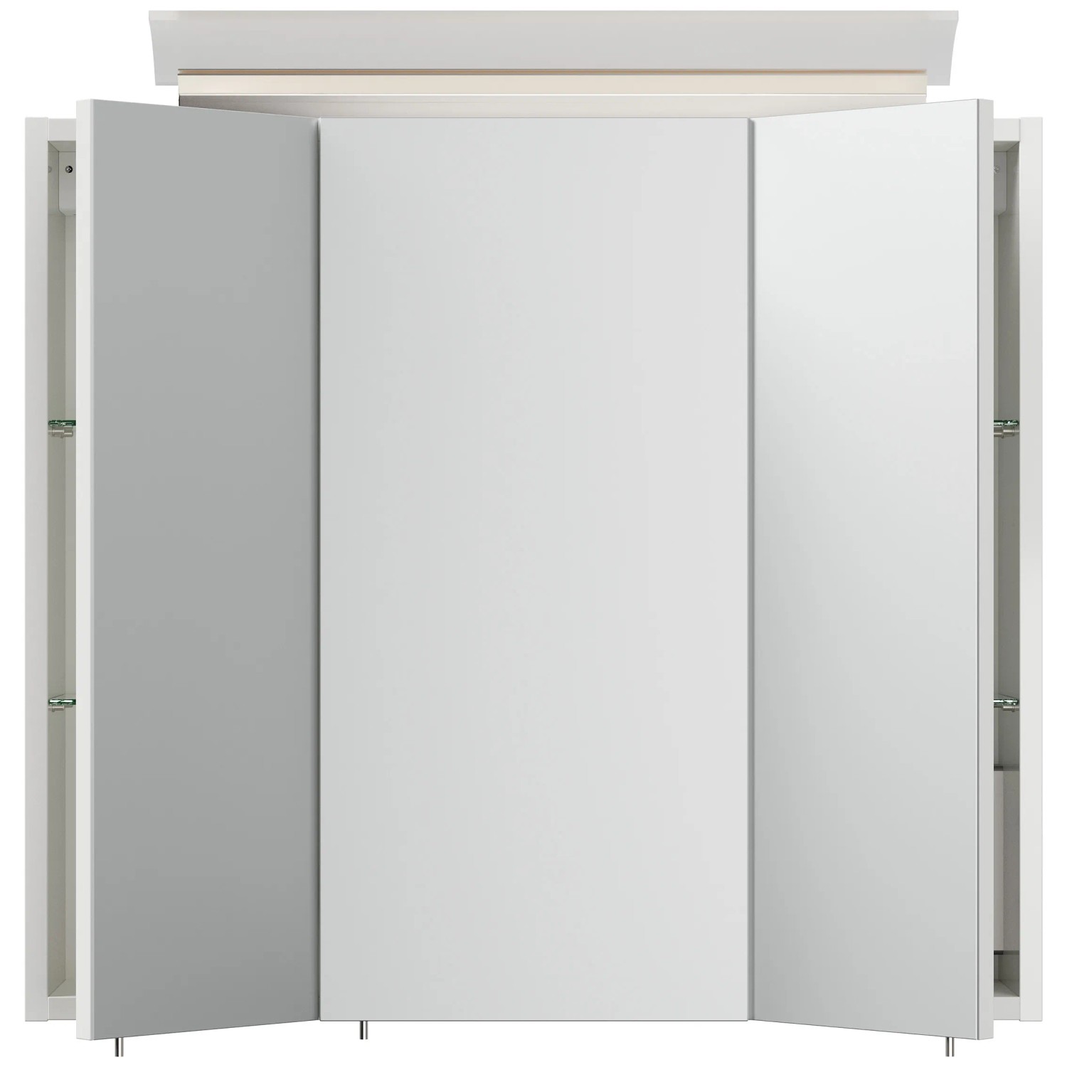 Posseik Spiegelschrank, 70 cm, Weiß Hochglanz, mit LED-Lampe und Glasböden.