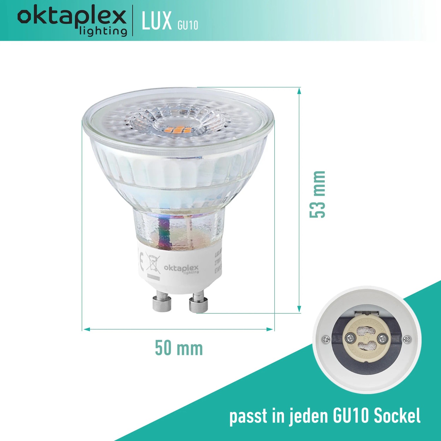 Oktaplex GU10 LED Leuchtmittel, 5W, 2700K, Warmweiß, Abmessungen