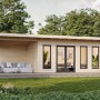 Hellbraunes Palmako Holz-Gartenhaus mit Pultdach und überdachter Terrasse. Ideal als Gartenpavillon oder Geräteschuppen.