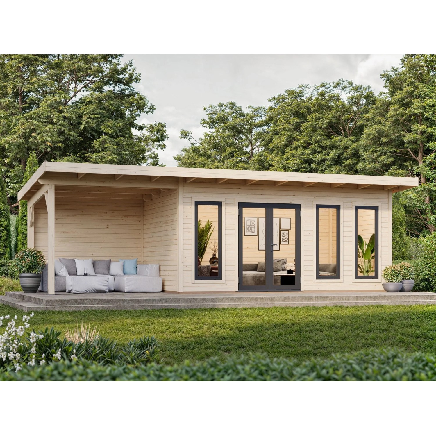 Hellbraunes Palmako Holz-Gartenhaus mit Pultdach und überdachter Terrasse. Ideal als Gartenpavillon oder Geräteschuppen.