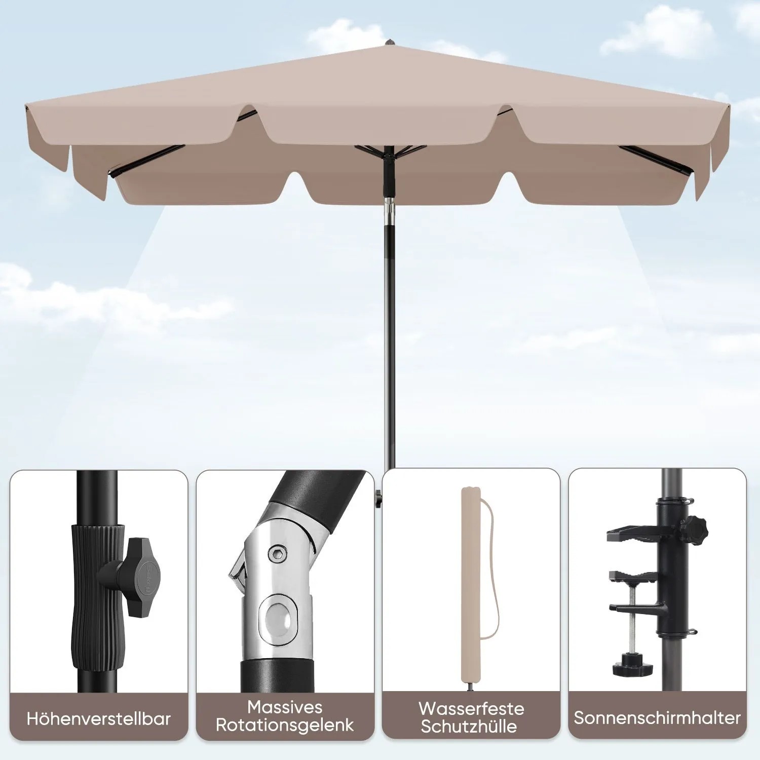 Sekey Balkonschirm, rechteckig, beige, mit Schutzhülle und Details zu Höhenverstellung und Halterung.