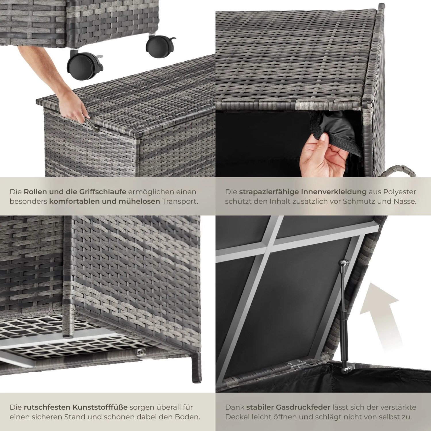 Tectake Auflagenbox Kuusamo, 253 L, Rattangeflecht, Rollen, Griff, Innenverkleidung, Gasdruckfeder.