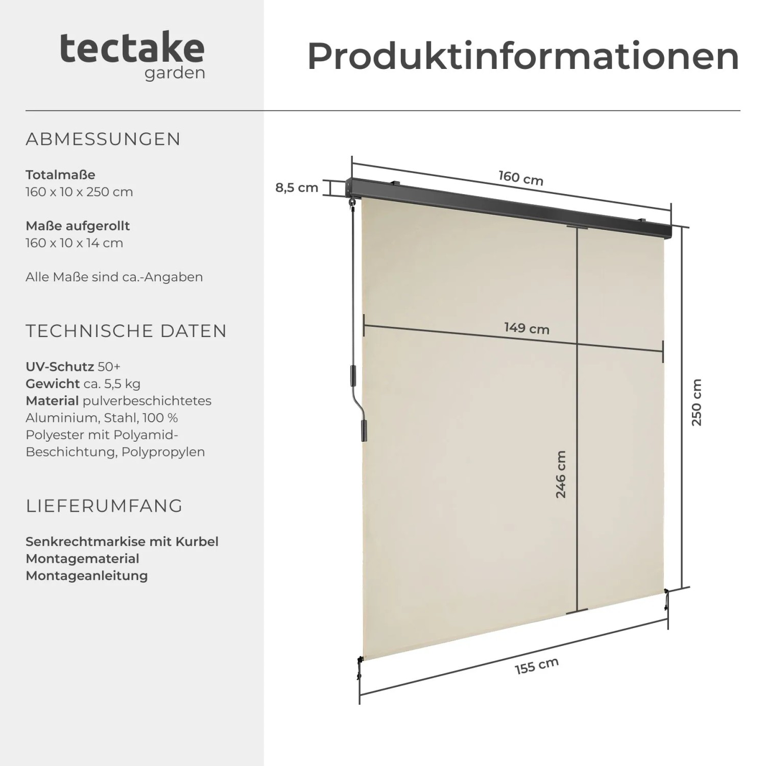 Tectake Senkrechtmarkise Eloise, beige, 160x250 cm, UV-Schutz, wind- und wasserabweisend, mit Kurbel.