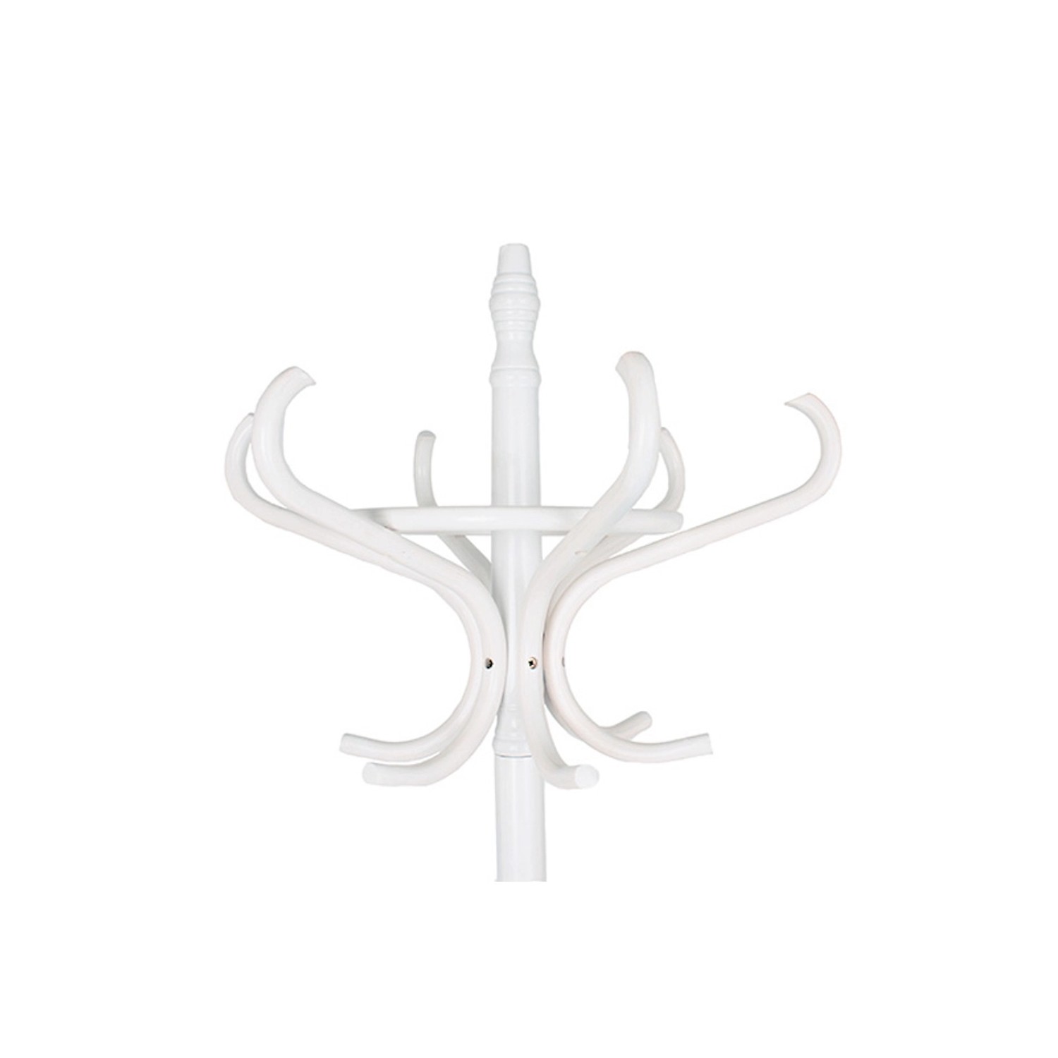 Weißer, freistehender Holz-Garderobenständer mit 12 Haken und Regenschirmständer.