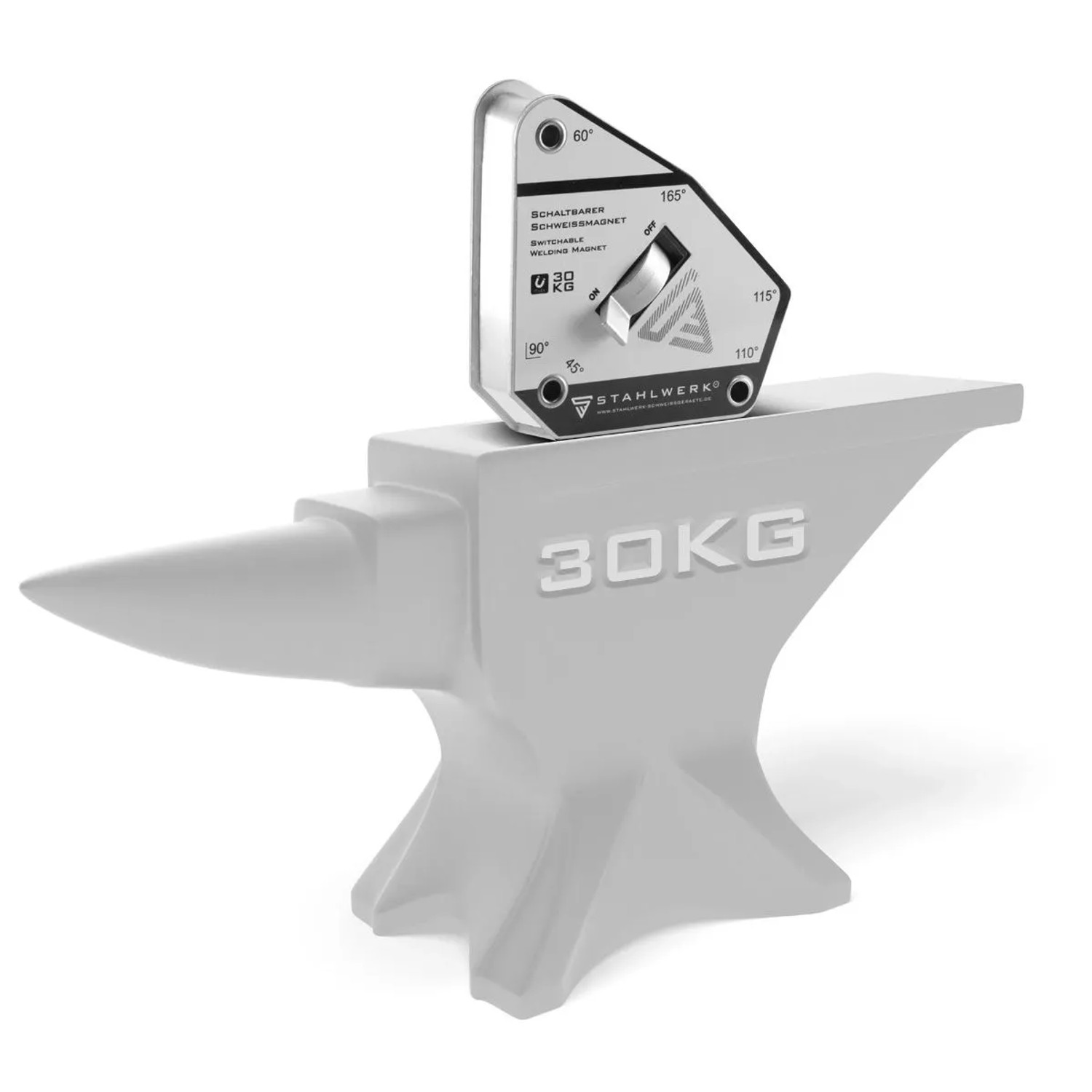 STAHLWERK schaltbarer Magnet-Schweißwinkel auf Amboss. Hält 30 kg, Winkel 45°-165°. Zubehör für Schweißgeräte.