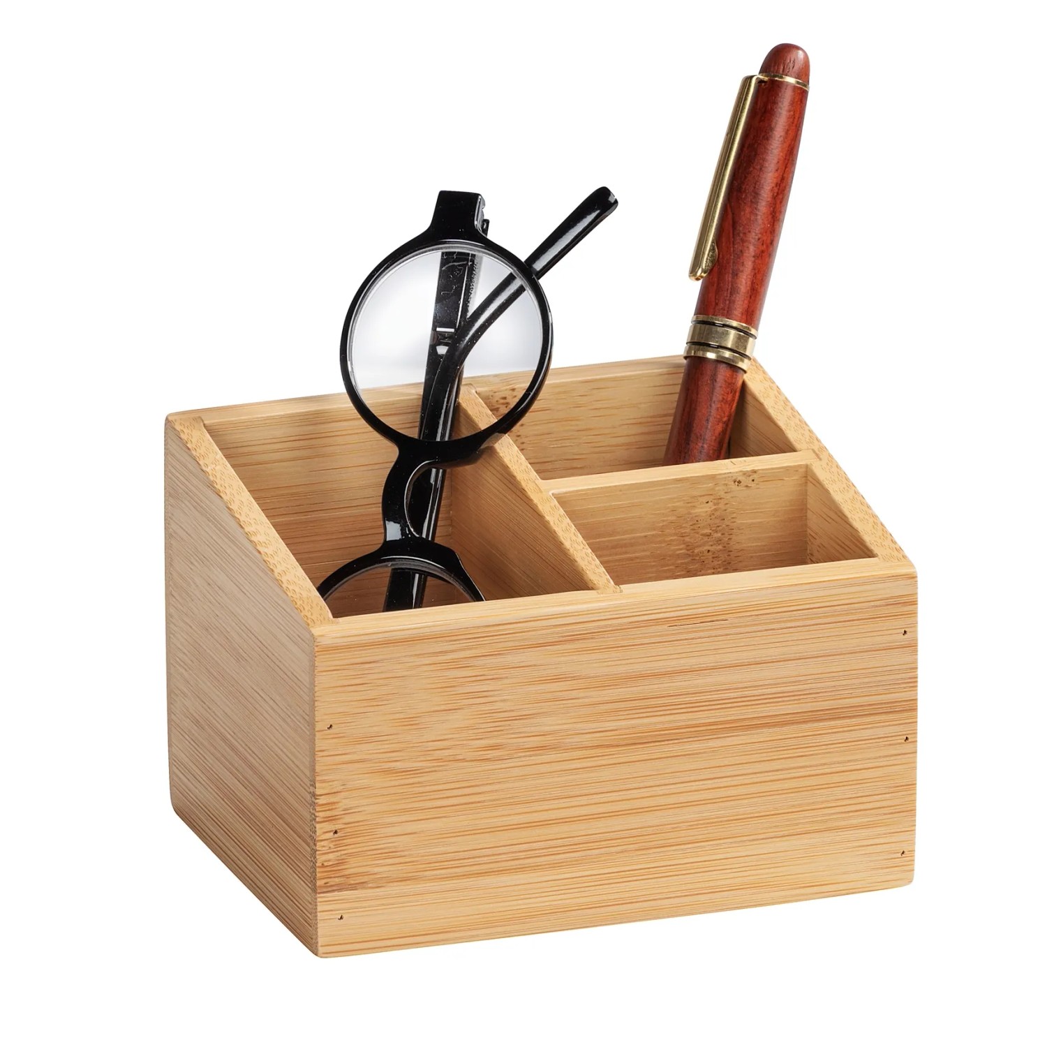 Wenko Bambus Organizer Terra mit 3 Fächern, natur, mit Brille und Stift.