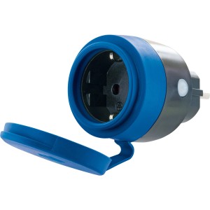 Schwaiger Outdoor WLAN Steckdosenadapter mit Einspeisemessfunktion und blauem Spritzwasserschutz.