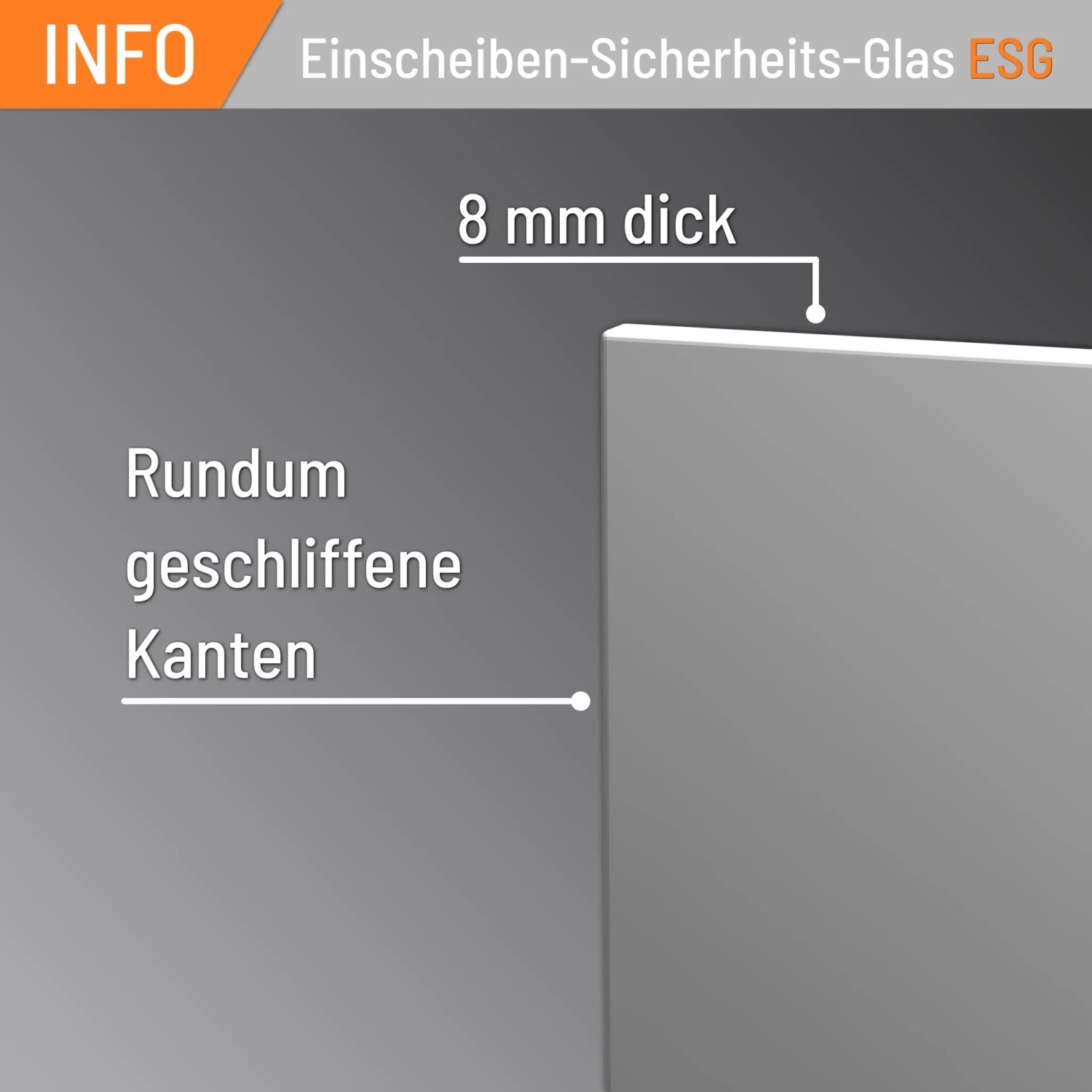Detailaufnahme einer satinierten Levidor Glastür (95,9x197,2 cm) mit Infos zu Kanten und Glasdicke.