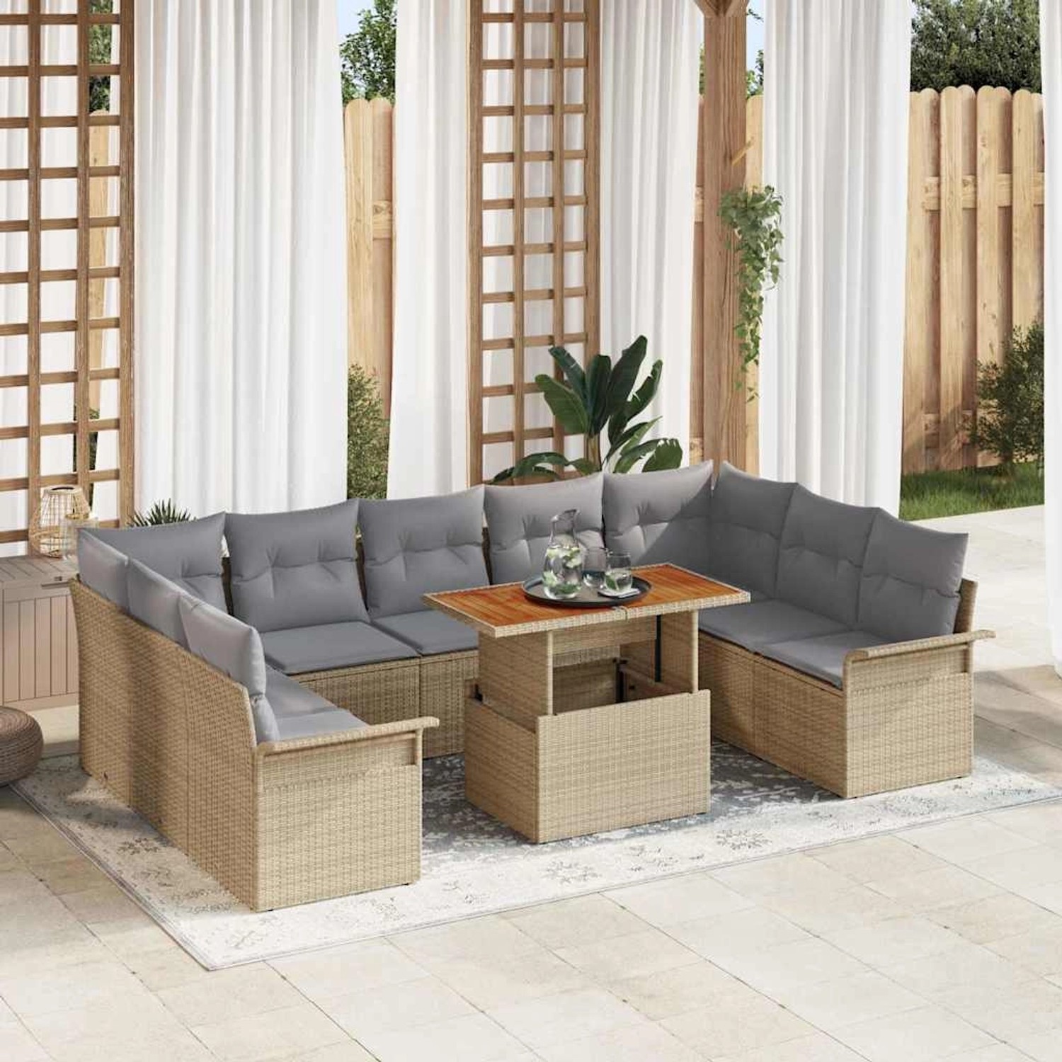 Beiges 10-teiliges vidaXL Garten-Sofa-Set mit Stauraum aus Poly Rattan.